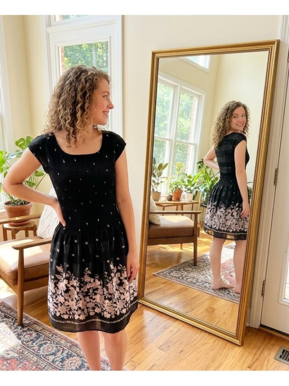 Women's Little Black Dress with Pink Floral Print Sz XL